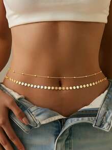 HOTNICE Cadena de cintura sexy para mujer - Cuentas de cintura en capas, cadena de vientre brillante, accesorio para bikini, vestido y vacaciones, joyería de playa de verano - Dorado - Ver 1