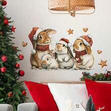1/3Pcs Cute Christmas Bunny Wall Stickers, Santa‑Hat Rabbit Star & Heart Decals, Xmas Aesthetic Self‑Adhesive Wall Art For Bedroom Living Room Indoor Holiday Home Decor Gift - Rabbit Wall Sticker - View 3