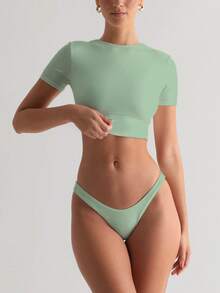 XLLAIS 2026 Summer Green Cute Slim Fit Round Neck Short Sleeve Sports T-Shirt Cool Touch Innerwear Top Double Layer High Elasticity Yoga Fabric Cropped Top - Bean Green - View 5