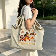 1件新款刺繡咖啡貓圖案輕量尼龍大容量購物袋托特手提包，女款派對旅行單肩斜跨包 - 彩色 - 查看 9