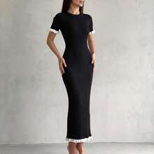 Nuevo vestido tipo suéter entallado para mujer: estilo sofisticado con cuello, detalle de botones y volantes en contraste. - Café - Ver 8