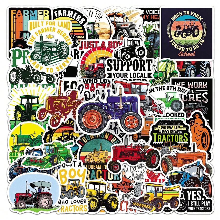50pcs Tractor Stickers, Cute Cartoon Graffiti Vinyl Stickers, Suitable For Water Bottles, Laptops, Phones, Skateboards, Guitars, Luggage, Scrapbooks, Helmets, Party Supplies Decoration Gift - C - View 1