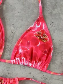 女款海灘度假掛脖側綁帶比基尼套裝，休閒高彈性泳衣，夏季必備 - 彩色 - 查看 4