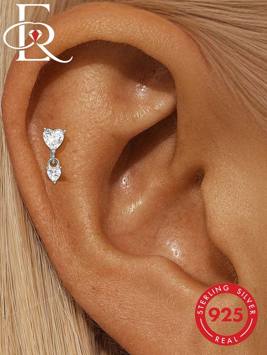EleRunis 1pc 925 Sterling Silver Heart Shaped Double Stud Earrings, Flat Ear Cartilage Piercing Elegant Jewelry, Suitable For Daily Wear, Wedding, Party, Engagement, Anniversary, Valentine's Day