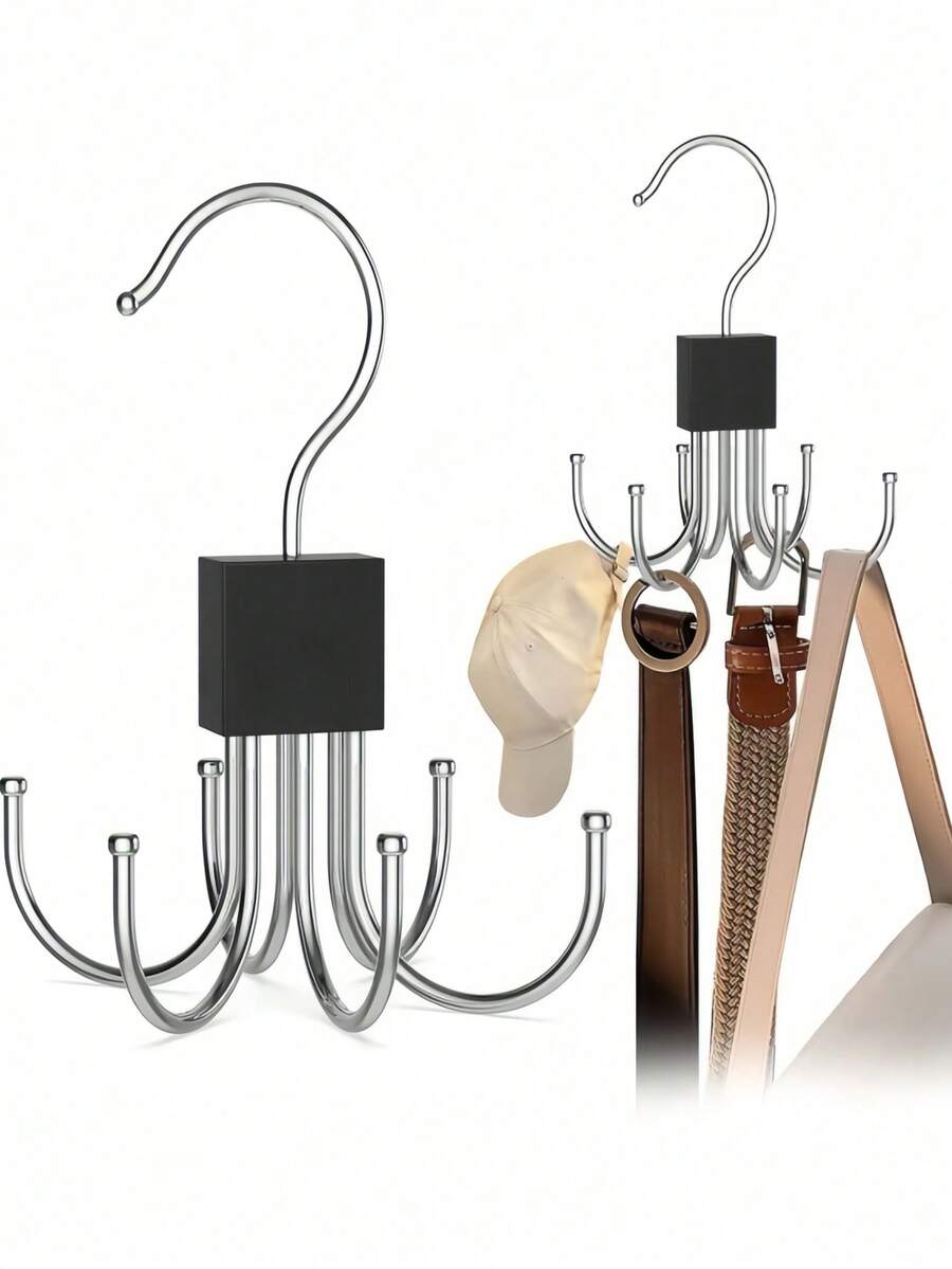1/2 Pack 6-Claw Metal Hook, 360° Rotating Belt Rack, 6 Hooks Total, Rotatable Belt Storage Rack, Wardrobe Belt Organizer, No-Drill Dorm Closet Storage Hook, Multi-Function Home Coat Hook; Suitable For Storing Vests, Bags, Belts, Underwear, Panties, Scarves And Ties, Can Be Used As Bathroom Accessories, Home Decor, Christmas Decoration - Black - View 1