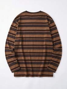 1 buah Kaos Lengan Panjang Wanita Warna Cokelat Kopi dengan Garis-garis Lebar, Leher Bulat, Longgar, Warna Netral, Cocok untuk Pakaian Sehari-hari Minimalis - Putih - View 5