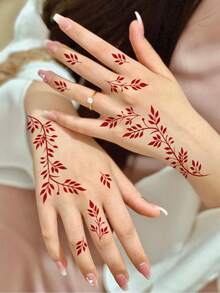 1 Sheet Wine Red Tiny Leaf Branch Temporary Tattoo Sticker, Waterproof Long-Lasting Mini Foliage Fake Tattoo, Body Art Decal For Fingers Hand Wrist Palm - Red - View 4