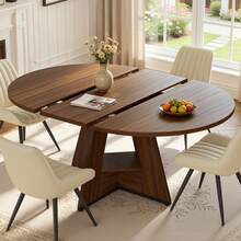 Nalupatio 47.24"-63" Extendable Round To Oval Dining Table Set For 4, Expandable Kitchen Table With 4 Upholstered Chairs, Hidden Storage Shelf, Space Saving Dining Room Furniture, Walnut Table & Beige Chairs - Walnut Table & Beige Chairs - View 2