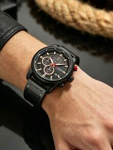 1pc Quartz Wristwatch With Leather Strap - Black - View 7
