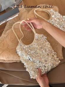 Silver Mixed Sequin Mesh Shoulder Bag With Thin Double Shoulder Straps, Featuring Asymmetrical Large Round Sequin Patchwork. Shiny Reflective Sequins Sparkle Under Light, Compact Capacity Can Hold Lipstick, Earphones And Coins, Sweet And Sparkling Design Is Ideal For Nightclub, Dinner Date And Party Outfits. - Beige - View 9