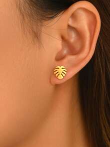 1 Pair European And American Fashion Minimalist Stainless Steel Leaf-Shaped Stud Earrings For Women, Suitable For Daily Wear - Multicolor - View 2