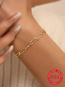 1pc S925 Sterling Silver 14K Gold Plated Paperclip Bracelet, Suitable For Layering, Pure Silver Material, Minimalist High-End Versatile Women's Bracelet, Suitable For Summer Beach Vacation, Daily Wear, Suitable As A Gift For Girlfriend/Mom/Relatives - Multicolor - View 1