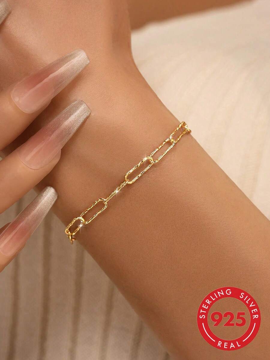 1pc S925 Sterling Silver 14K Gold Plated Paperclip Bracelet, Suitable For Layering, Pure Silver Material, Minimalist High-End Versatile Women's Bracelet, Suitable For Summer Beach Vacation, Daily Wear, Suitable As A Gift For Girlfriend/Mom/Relatives - Multicolor - View 1