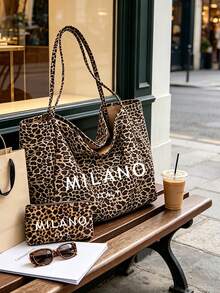 復古豹紋 MILANO 母女托特包套組，大容量柔軟布料單肩包 + 配套零錢包，可收納書籍、筆電、化妝品，適合通勤、校園、購物、短途旅行，學生、上班族、女孩適用，開學季、生日、情人節禮物，豹紋購物袋，復古帆布單肩包，藝術托特包，大容量旅行收納包 - 彩色 - 查看 13