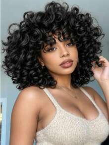 Afro Kinky Curly Wig ShortSynthetic With Bangs Black Bug Cheap Hair Halloween Heat Resistant Fiber For Africa America Women - Multicolor - View 3