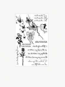 1 Sheet Men's Mixed Black Line Temporary Tattoo Stickers, Butterfly Rose Bow Kitten Inspirational Cursive Quote Waterproof Small Body Stickers For Wrist Finger Neck Rib Decor - Black - View 3