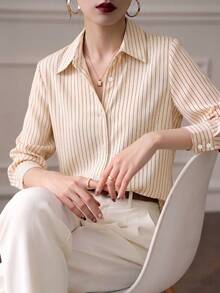YUXIN Spring/Autumn New Loose Fashion Blue Striped Elegant Long Sleeve Shirt, Stylish Design For Work/Commute, Slimming & Versatile Blouse - Apricot - View 6