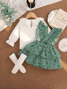 Setelan 2 Potong Gaya Pastoral Musim Semi/Gugur untuk Bayi Perempuan, Bodysuit Kerah Renda Bergaris Warna Polos & Gaun Terusan Berenda Motif Bunga dari Korduroi, Rok Berlapis-lapis, Kaos Kaki Pita yang Serasi, Cocok untuk Acara Luar Ruangan, Pakaian Kasual Liburan - Hijau - View 2