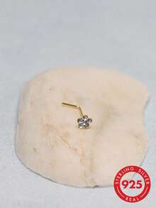 1pc Elegant 925 Sterling Silver Nose Stud, Floral Design With Clear Crystal, L-Shaped Nose Piercing Jewelry - Yellow Gold - View 1