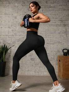 Set Of 3 Ribbed High-Waisted Leggings In High-Compression Polyamide - Black/Navy/Cream - View 4
