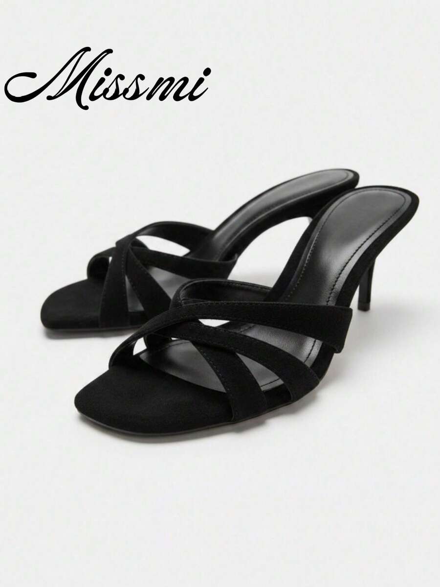 2026 Spring/Summer New Women's Mesh Material Open Back Round Toe Stiletto High Heel Sandals - Black - View 1