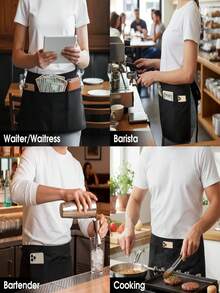 1pc 3-Pocket Black Server Apron, Short Half-Body Waist Apron For Catering Work Uniform - Multicolor - View 7