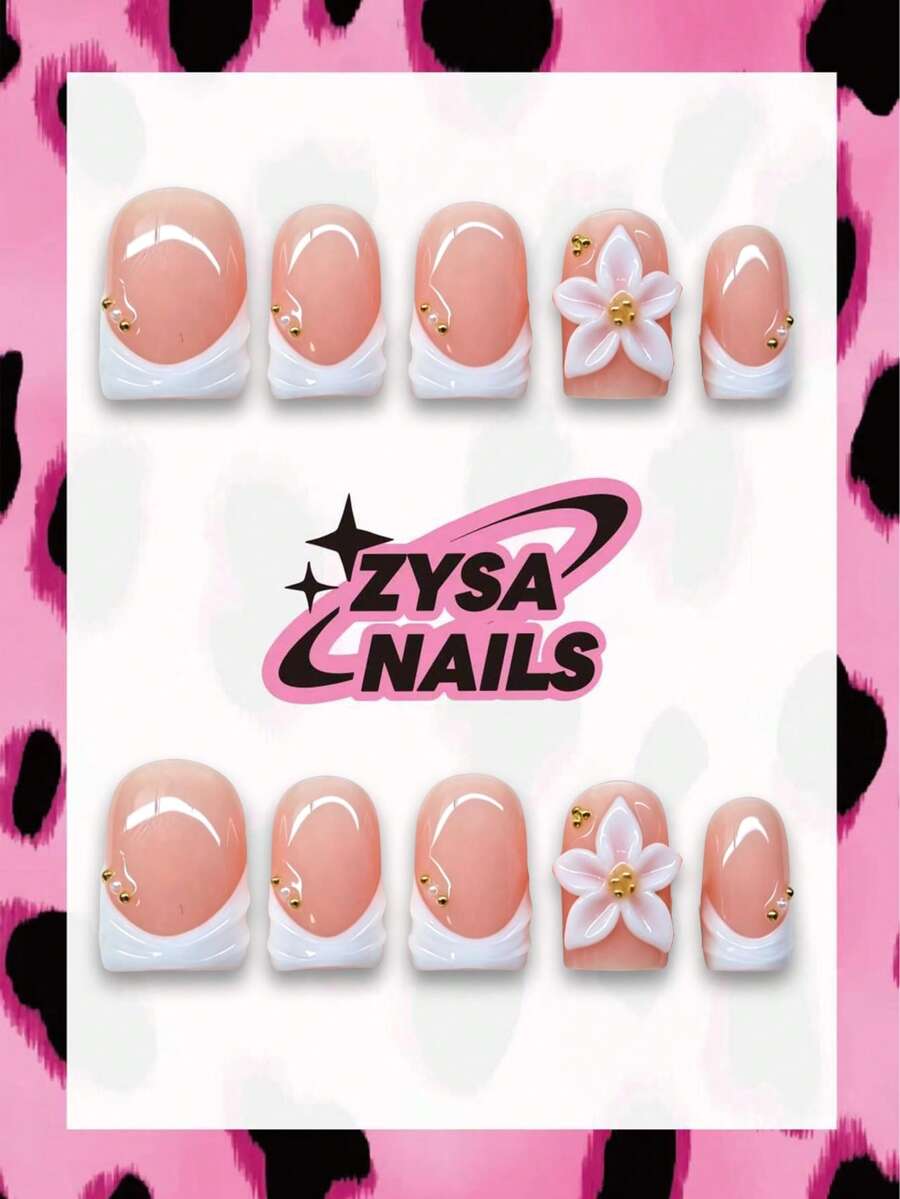 Zysa 10 piezas Uñas postizas hechas a mano Uñas cortas para vacaciones de verano fiesta de graduación - Multicolor - Ver 1