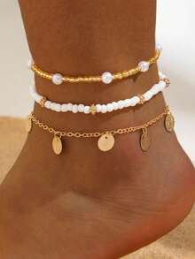 3pcs/Set Bohemian Style Beaded Round Disc Tassel Pendant Anklet Beaded Foot Chain Set - Gold - View 3