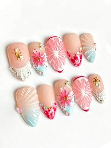 10 Peças Unhas Postiças Estilo Férias na Praia Decoradas com Conchas. Unhas em Formato de Amêndoa com Degradê Rosa e Azul e Flor de Cerejeira Tridimensional. Manicure Artesanal Luxuosa com Estrela do Mar e Diamante, Destacável. Adequada para Encontros e Férias. Pode Ser Reutilizada. Unhas Postiças Feitas à Mão - Multicolorido - Visão 2