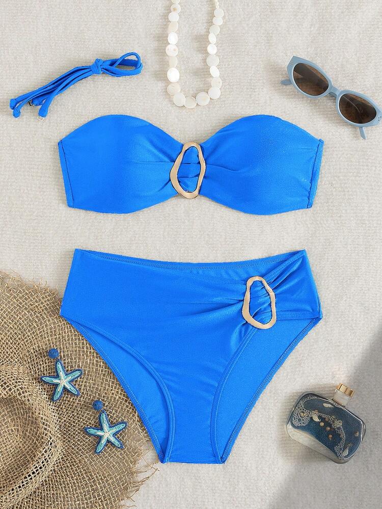 Conjunto de bikini de 2 piezas de unicolor con cuello halter y detalle metálico, adecuado para vacaciones en la isla, playa y verano - Azul - Añade 6