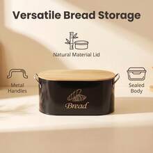 Myrothcane Oval Metal Bread Box With Bamboo Lid And Side Handles, Large Capacity Kitchen Countertop Bread Storage Bin, Farmhouse Style Bread Freshness Container, White And Black Optional Food Storage Canister - Black and White - View 6