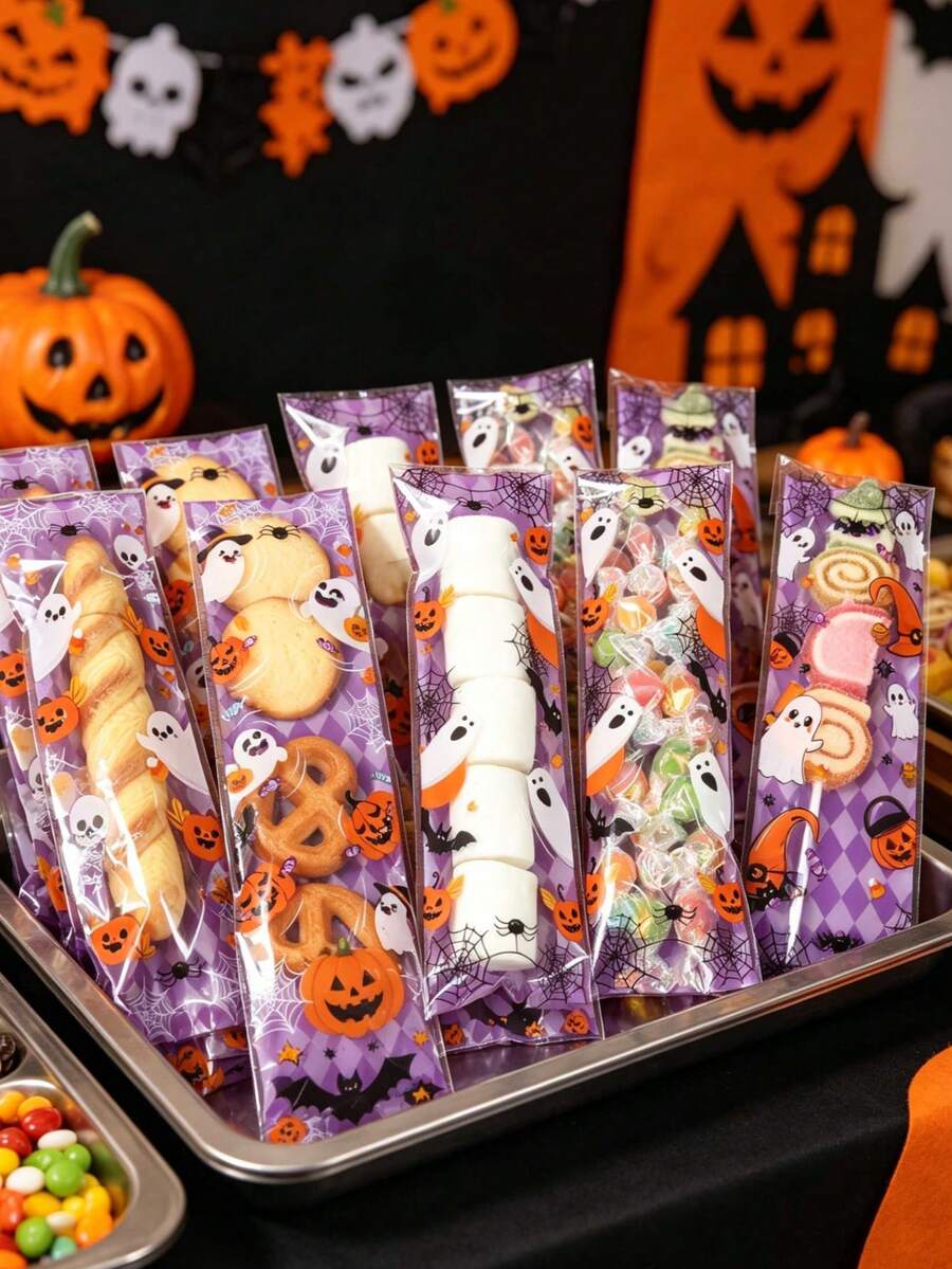 50/100 piezas Bolsas transparentes para dulces de Halloween, Bolsas pequeñas de regalo con diseño de fantasma y calabaza de Halloween, Decoraciones de Halloween, Bolsas pequeñas de regalo para fiesta de Halloween, Bolsas de dulces para truco o de Halloween, Bolsas de dulces para fiesta de bebé, Bolsas de empaque para espino dulce de Halloween, Bolsas de empaque de alimentos para fiesta de Halloween, Suministros de repostería de Halloween, Bolsas de regalo de dulces de Halloween, Bolsas de repostería de cocina, Bolsas de decoración de regalos pequeños, Bolsas de relleno para fiestas