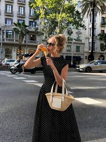 女款黑色時尚波點高領長洋裝，優雅無袖喇叭下擺細肩帶洋裝，微彈性面料，度假夏季款 - 黑色 - 查看 5