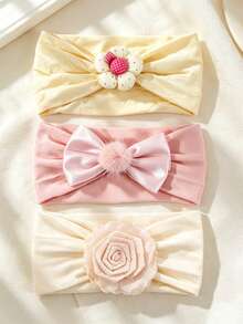 3pcs/Set Super Soft Elastic Wide Headband For Baby Girls, Newborn Flower Pom Pom Bow Hairband, Non-Tight Hair Accessory Set, Versatile Infant Hairbands - Multicolor - View 6