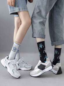 1/5 Pairs Men Robot Cartoon Print Crew Socks, Multi Color Novelty Graphic Casual Streetwear Socks - Multicolor - View 7