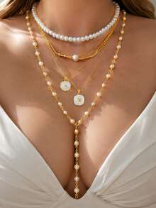5pcs Fashionable Minimalist Elegant Heart-Shaped Oil Drop Pendant Gold Necklace Set, Y-Shaped Chain, Multi-Layered Stackable, Women's Summer Beach Vacation Date Party Holiday Birthday Gift For Girlfriend, Mom, Friend, Wife, Daily Versatile - Yellow Gold - View 1