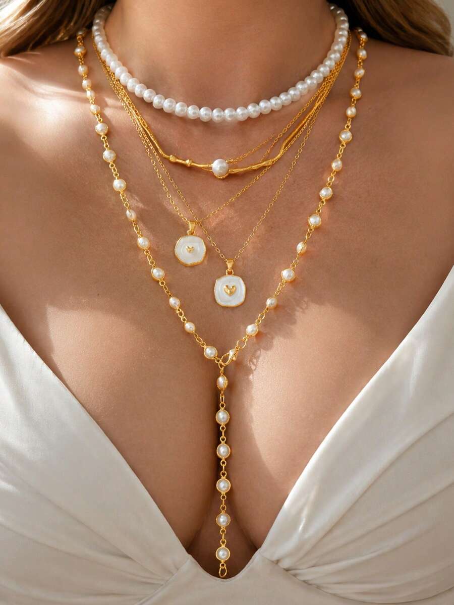 5pcs Fashionable Minimalist Elegant Heart-Shaped Oil Drop Pendant Gold Necklace Set, Y-Shaped Chain, Multi-Layered Stackable, Women's Summer Beach Vacation Date Party Holiday Birthday Gift For Girlfriend, Mom, Friend, Wife, Daily Versatile - Yellow Gold - View 1