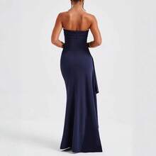 Vestido largo sexy sin tirantes para mujer, de verano, elegante, ajustado, con abertura alta, de color sólido y plisado. - Burdeos - Ver 4