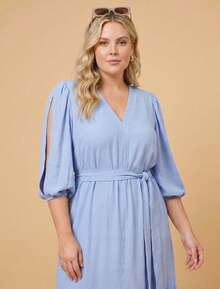 Women's Plus Size Long Dress Duna Flowy 3/4 Sleeve V-Neck Waist Tie Slit Ruffled Hem With Slit - 淺藍色 - 查看 2