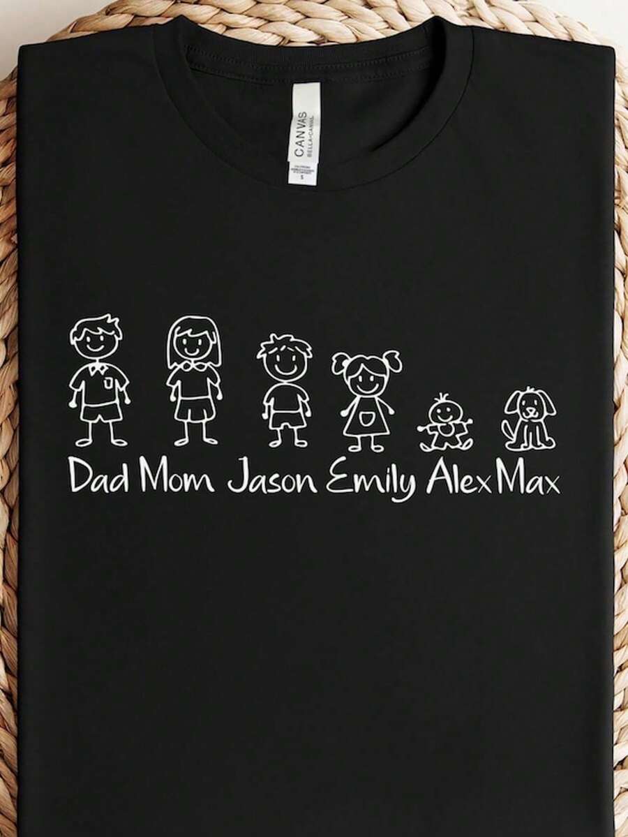 Retro Matchman Family T Shirt_Color Matching Line Art T Shirt - 黑色 3 - 查看 1