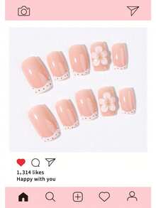 24 buah Kuku Palsu French Press Pendek Persegi Panjang Warna Beige, Pola Bunga dan Polka Dot Gel 3D, Set Kuku Palsu Akrilik, Termasuk 1 buah Lem Jelly dan 1 buah Kikir Kuku - MultiWarna - View 4