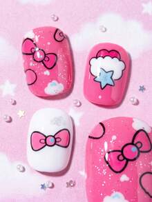24pcs Y2K Style (Cake Cream Lace, Bow, Star) Dopamine Design Elements Kids Girls Press-On Short Fake Nails, Cute Pre-Glued Full Coverage Acrylic Nail Tips Set, Suitable For Children Girls Nail Decoration - Multicolor - View 5