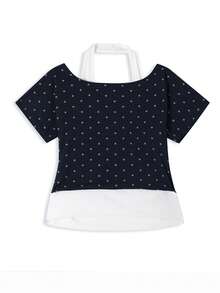 Kaos Wanita Lengan Pendek Musim Panas Terbaru dengan Leher Halter Patchwork dan Atasan Polkadot, Potongan Acak - Navy Blue - View 7