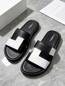 Men's Wide Strap PU Leather Open Toe Breathable Minimalist Sandals, EVA Non-Slip Thick Sole Flat Slippers, Comfortable Summer Beach Flip-Flops, Black & White Geometric, Minimalist Style - Black and White - View 5
