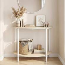 Half Moon Console Table, 40" Narrow Entryway Table With Storage Shelf, 2-Tier Modern Sofa Table With Metal Frame, Behind Couch Table For Hallway, Living Room, Entrance & Foyer, Natural & White - Natural + White - View 3