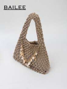 BAILEE Fashionable Colorful Polyester Yarn Hand-Woven Pattern Handbag With Ocean Charm, Suitable For Vacation - Grey - View 6