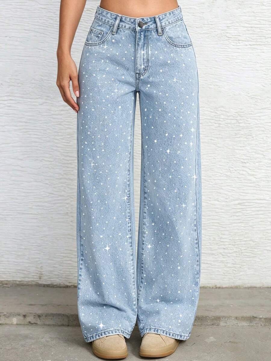 Jeans de mezclilla de pierna ancha y holgada con pedrería para adolescentes - Lavado ligero - Ver 1