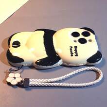 1件 3D 全身趴臥熊貓矽膠手機殼，適用於 iPhone 17 16 15 14 13，可愛「Happy Panda」印花，可拆卸白色編織腕帶附花朵吊飾，厚實柔軟 3D 卡通防震保護殼，適合女孩與青少年 - 黑與白 - 查看 3