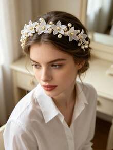 JOJELOO 1pc Minimalist Style Faux Pearl Flower Rhinestone Headband, Suitable For Women Bride Hairband, Hair Ring, Hair Accessory, Head Decoration - Gold - View 5