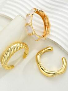 3pcs/Multi-Piece Stackable Fashion Minimalist Elegant Exquisite Vintage Design Geometric Ribbon Texture Oil Drop Texture Asymmetrical Pattern CCB Polished Minimalist Plain Metal Style Wide Exaggerated Chunky Bangle Set, Holiday Vacation Party Date Gift, Daily Commute Wear, Personalized - Yellow Gold - View 4